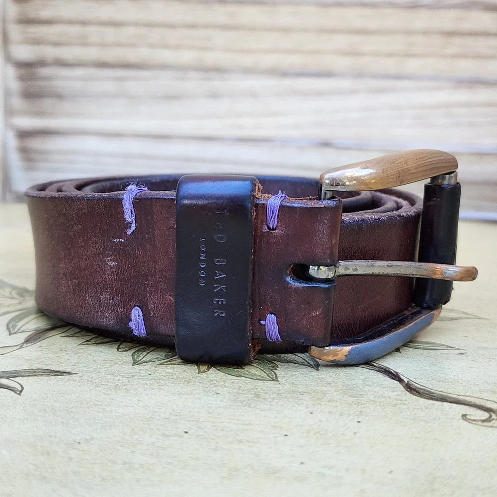 Ted Baker Sz 34 Brown Real Leather Minimalist Buckle Belt Made in Italy
